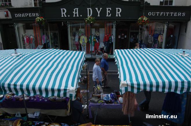 Dyer's shop and market stalls in Silver Street, Ilminster, Somerset
